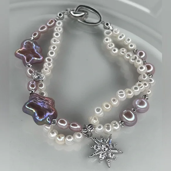 SOLD❌Handmade Freshwater Pearl Purple White Star ⭐️ Bracelet - Picture 2 of 3